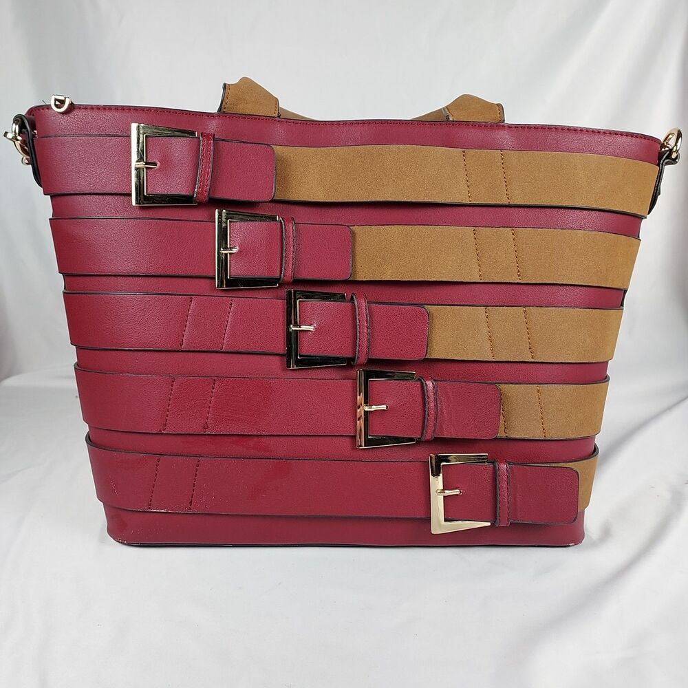 Dasein Red Buckle Tote Handbag Womens Faux Leather Shoulder Bag